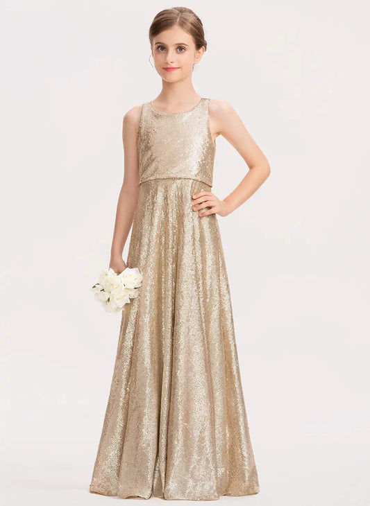 Sparkling A Line Jewel Neck Sleeveless Keyhole Back Floor Length Girls Dress