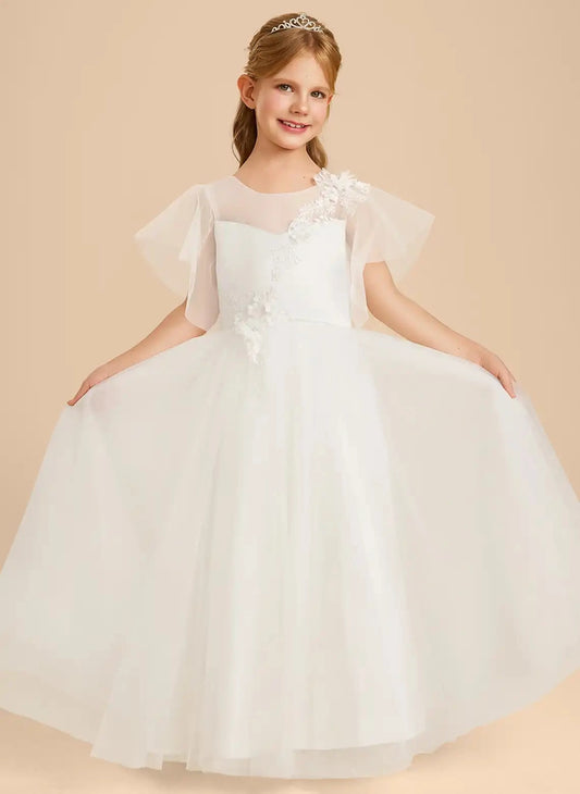 Elegant A Line Round Neck Flutter Sleeve V Back Floor Length Flower Girl Dress