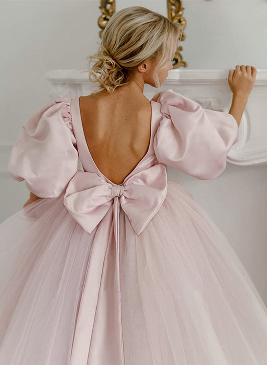 Romantic A?Line Round Neck Puff Sleeve V?Back Floor?Length Flower Girl dress