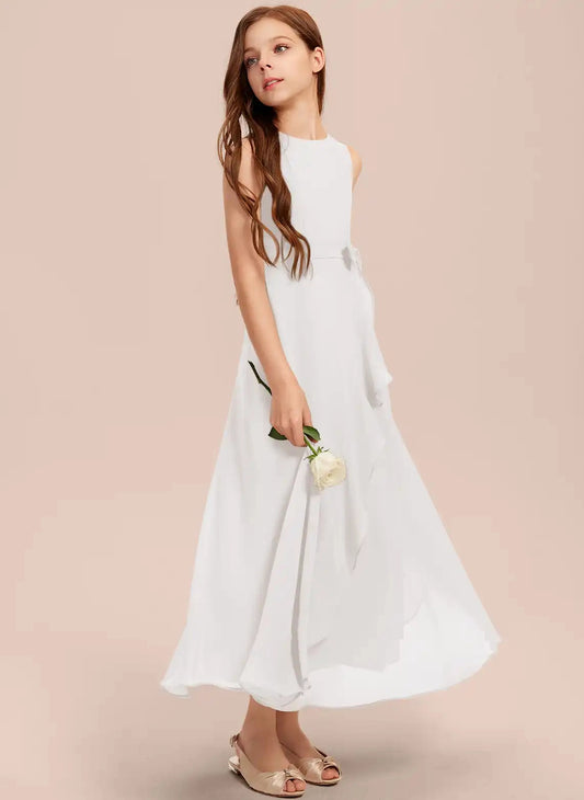 Elegant A?Line Round Neck Sleeveless Zipper?Back Ankle?Length Junior Bridesmaid Dress  >