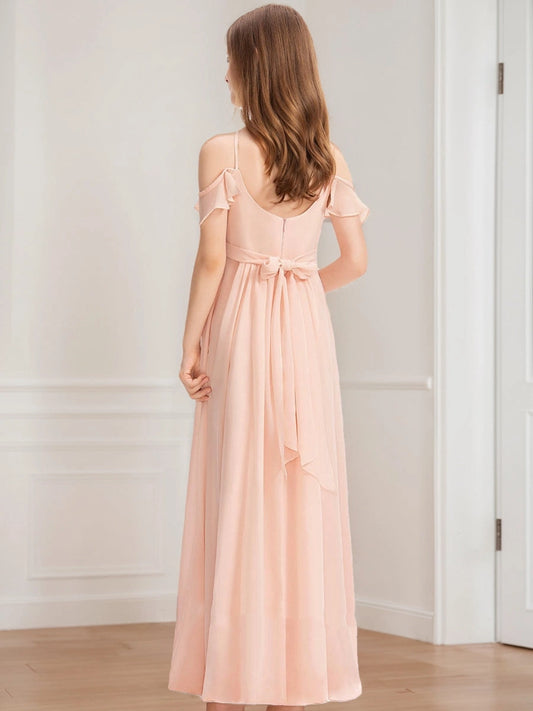 Elegant A?Line Halter Cold?Shoulder Bow?Back Ankle?Length Junior Bridesmaid Dress