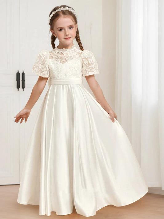 Elegant A Line High Neck Puff Sleeve Bow Back Floor Length Flower Girl Dress