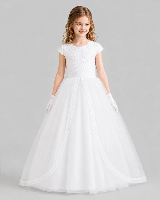 Elegant Ball Gown Round Neck Cap Sleeve Bow Back Floor Length Communion Dress