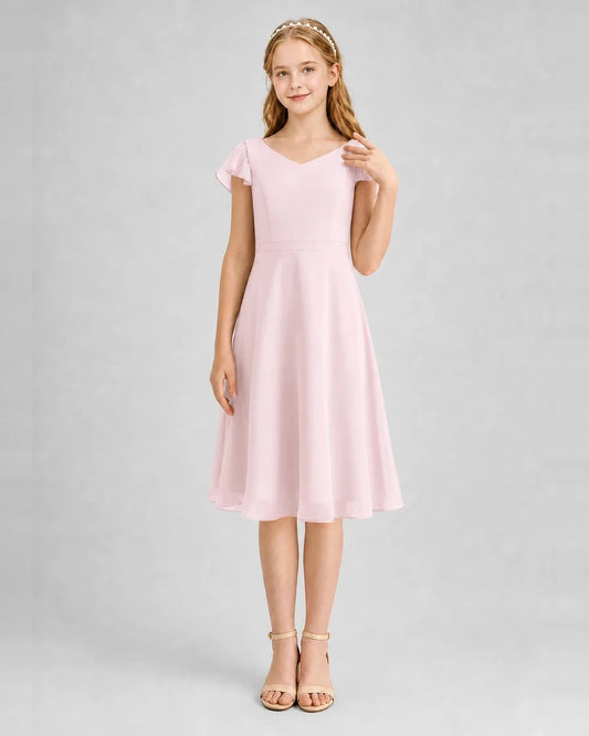 Elegant A Line V Neck Flutter Sleeve Crisscross Back Knee Length Wedding Dress