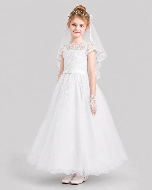 Elegant A Line Round Neck Short Sleeve Closed Back Floor Length Communion Dress