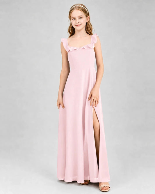 Elegant A Line Square Neck Ruffle Strap Low Back Maxi Dress