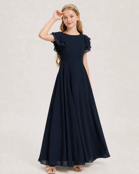 Elegant A Line Round Neck Flutter Sleeve Bow Back Floor Length Dress
