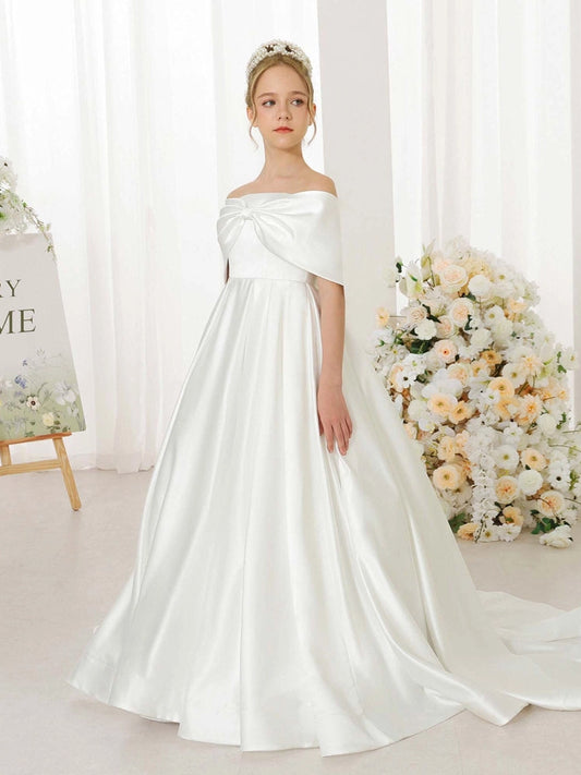 Elegant A?Line Off?The?Shoulder Short Sleeve Big Bow Back Train First Communion Dress