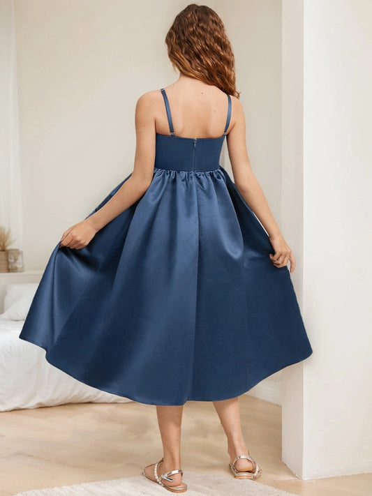 Elegant A?Line Spaghetti Strap Sleeveless Zipper?Back Midi Junior Bridesmaid Dress