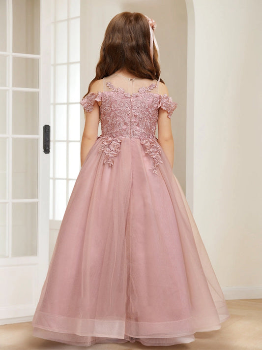 Romantic A Line Illusion Neck Off Shoulder Zip Back Floor Length Flower Girl Dress