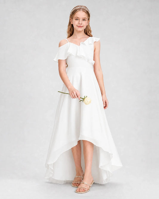 Elegant A Line Ruffle Neck Cold Shoulder V Back High Low Wedding Dress
