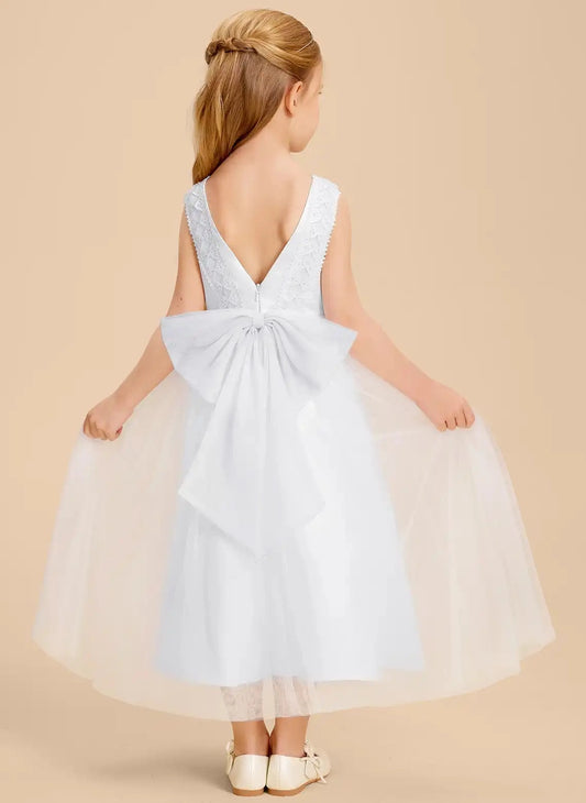 Elegant A Line Round Neck Sleeveless V Back Tea Length Flower Girl Dress