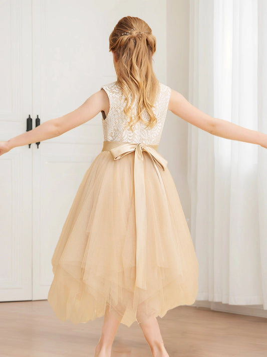 Elegant A Line Round Neck Sleeveless Bow Back Midi Flower Girl Dress