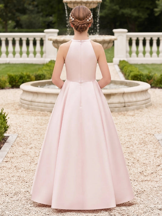 Elegant A?Line Halter Sleeveless Zipper?Back Floor?Length Junior Bridesmaid Dress  >