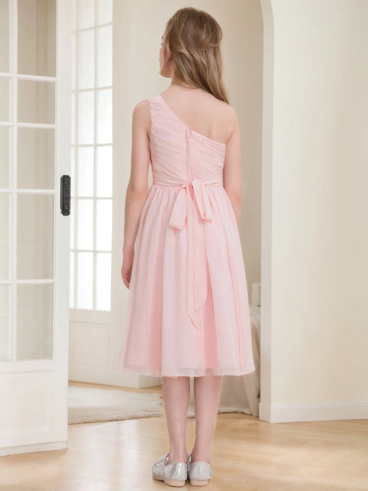 Blush A?Line One?Shoulder Sleeveless Zipper?Back Midi Junior Bridesmaid Dress