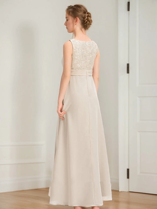 Elegant A?Line Bateau Sleeveless Zipper?Back Floor?Length Junior Bridesmaid Dress