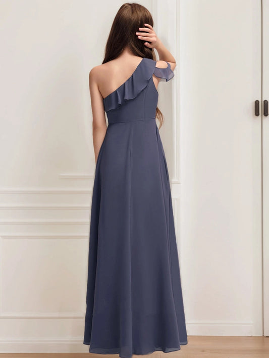 Elegant A?Line One?Shoulder Ruffle Sleeve Open Back Floor?Length Junior Bridesmaid Dress