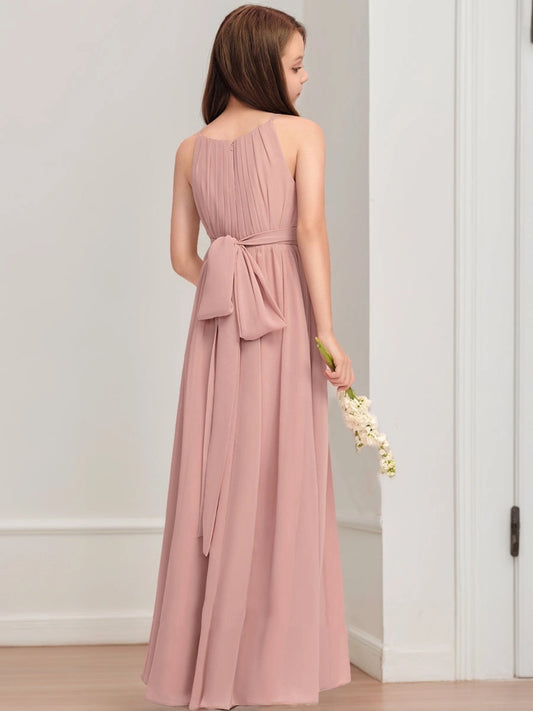 Elegant A?Line Halter Sleeveless Bow Back Floor?Length Junior Bridesmaid Dress