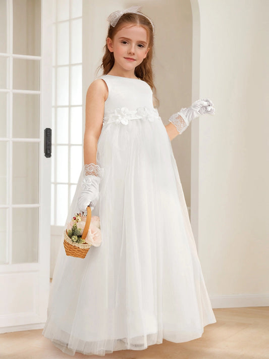 Elegant A Line Boat Neck Sleeveless V Back Floor Length Communion Dress