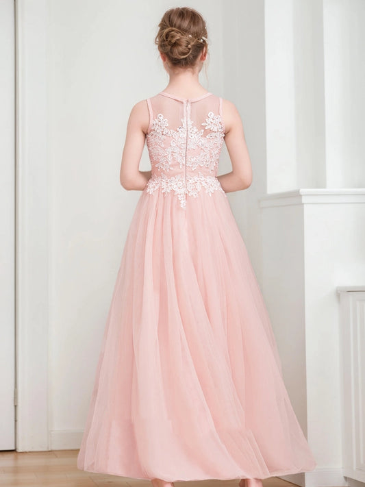 Elegant A?Line Round Neck Sleeveless Zip?Back Floor?Length Junior Bridesmaid Dress