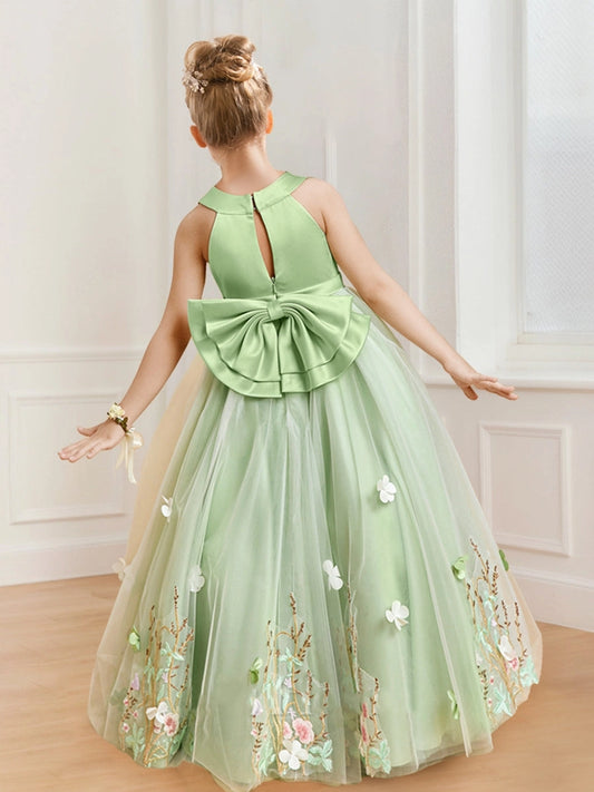 Elegant A Line Round Neck Sleeveless Bow Back Floor Length Flower Girl Dress