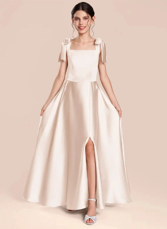 Elegant A Line Square Neck Bow Sleeveless Low Back Floor Length Junior Bridesmaid Dress
