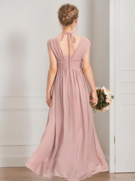 Elegant A?Line V?Neck Cap?Sleeve Tie?Back Floor?Length Junior Bridesmaid Dress