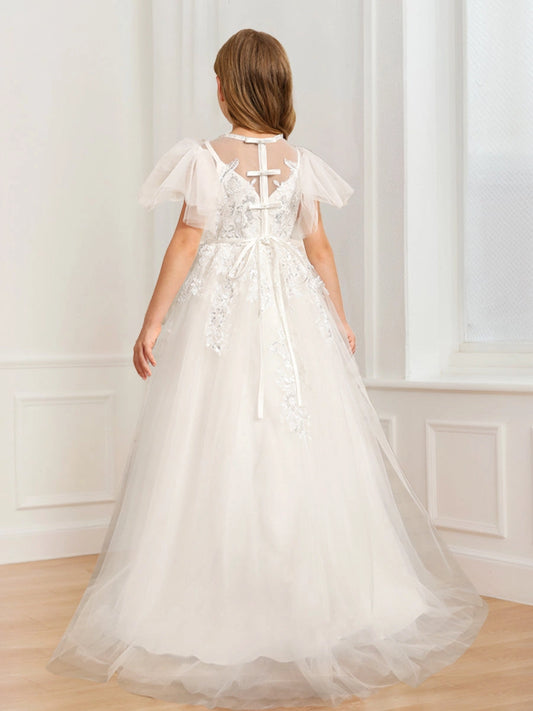 Elegant A Line Illusion Neck Flutter Sleeve Back Floor Length Communion Dress