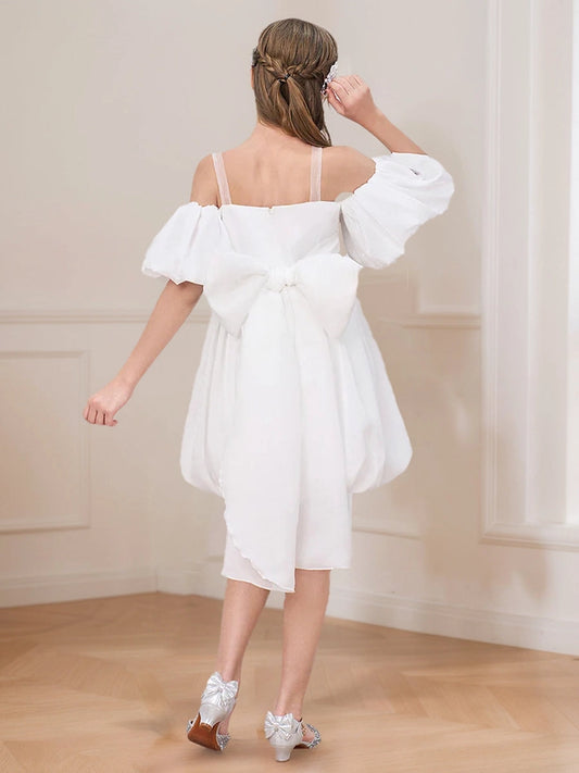 Elegant A Line Square Neck Puff Sleeve Bow Back High Low Flower Girl Dress