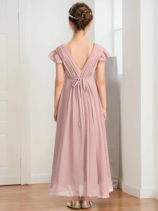 Romantic A?Line V?Neck Flutter?Sleeve Deep?V?Back High?Low Junior Bridesmaid Dress