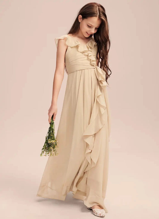 Elegant A Line V Neck Flutter Sleeve Square Back Maxi Girls Dress