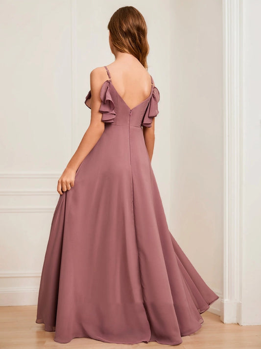 Elegant A?Line Square Cold?Shoulder V?Back Floor?Length Junior Bridesmaid Dress