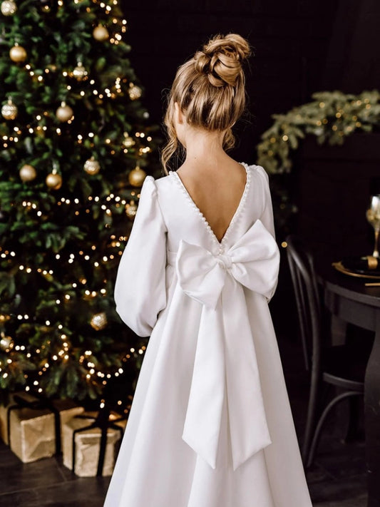 Modest A?Line Round Neck Long Sleeve V?Back Floor?Length Flower Girl Dress