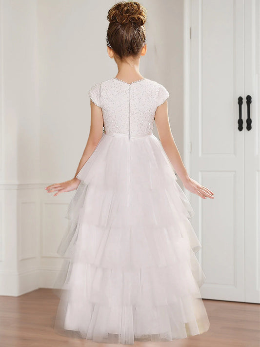 Elegant A Line Round Neck Cap Sleeve Zip Back Floor Length Flower Girl Dress
