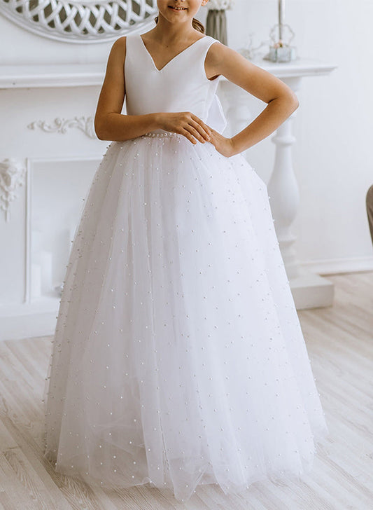 Elegant A?Line V?Neck Sleeveless Deep?V?Back Floor?Length Flower Girl dress