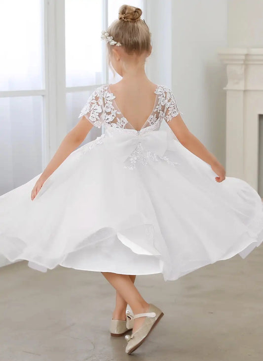 Elegant A Line Lace Neck Short Sleeve V Back Tea Length Flower Girl Dress