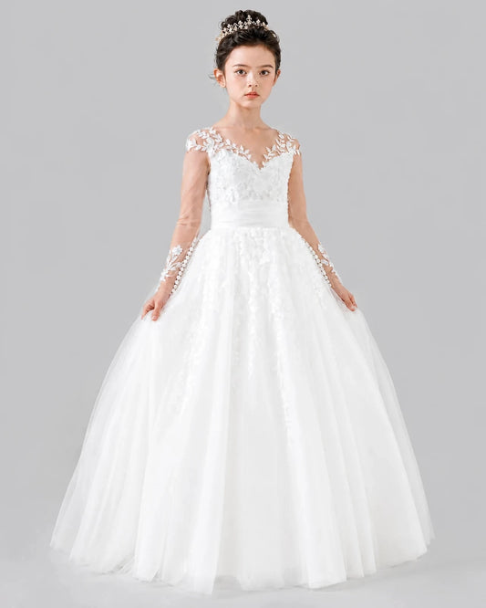 Elegant Ball Gown V Neck Long Sleeve Lace Up Floor Length Communion Dress