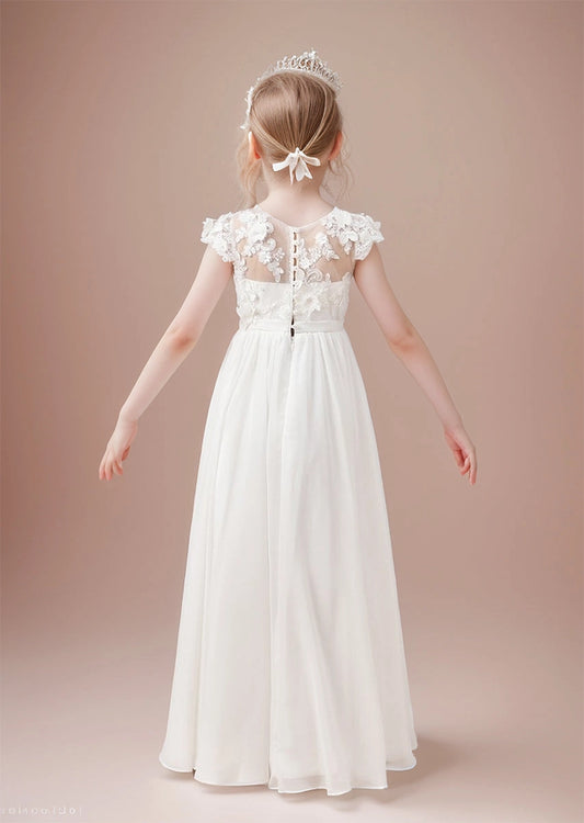 Elegant A?Line Illusion?Neck Cap?Sleeve Lace?Back Floor?Length Flower Girl Dress