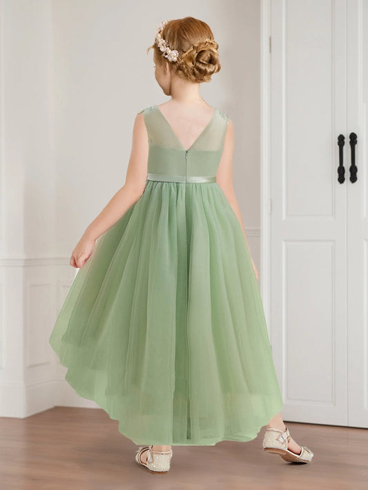 Elegant A Line Round Neck Sleeveless V Back High Low Flower Girl Dress