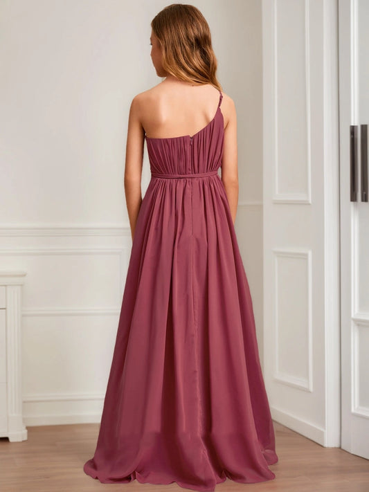 Elegant A?Line One?Shoulder Sleeveless Zipper?Back Floor?Length Junior Bridesmaid Dress