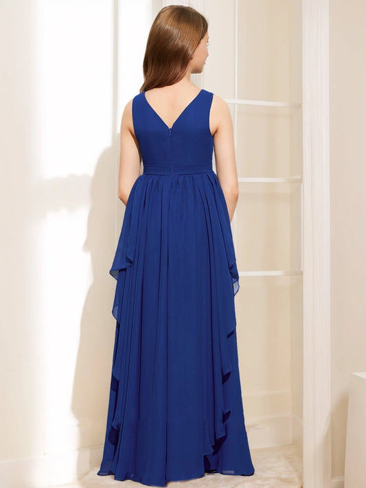 Elegant A?Line V?Neck Sleeveless V?Back Floor?Length Junior Bridesmaid Dress