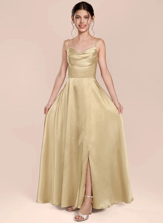 Elegant A Line Cowl Neck Sleeveless Bow Back Floor Length Bridesmaid Dress