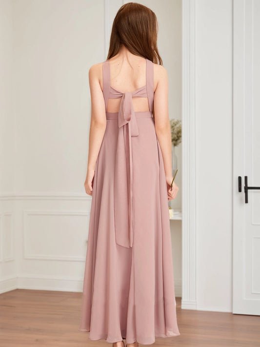 Elegant A?Line Halter Sleeveless Tie?Back Floor?Length Junior Bridesmaid Dress