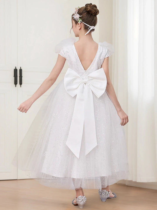 Elegant Ball Gown V Neck Puff Sleeve Bow Back Ankle Length Communion Dress