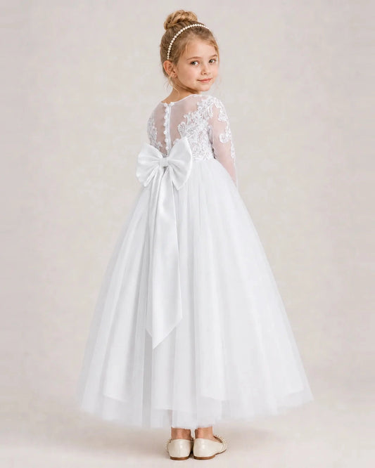 Elegant A Line Round Neck Long Sleeve Bow Back Maxi Communion Dress