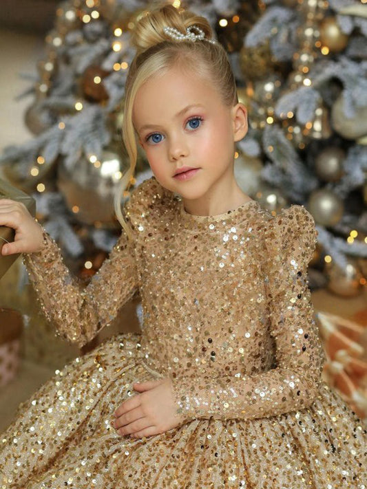 Glamorous A-Line Round Neck Long Sleeve Bow Back Christmas Flower Girl Dress