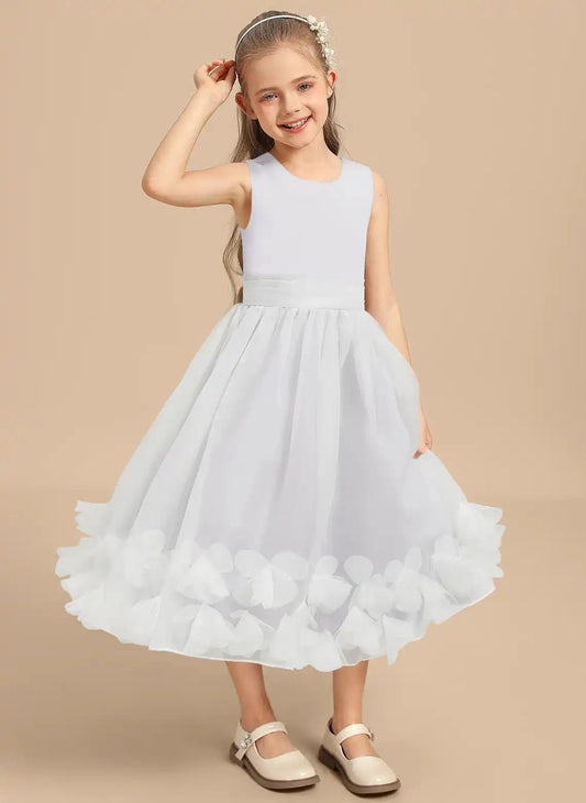 Elegant A Line Round Neck Sleeveless Zipper Back Tea Length Flower Girl Dress