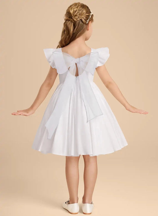 Elegant A Line Round Neck Flutter Sleeve Bow Back Knee Length Flower Girl Dress