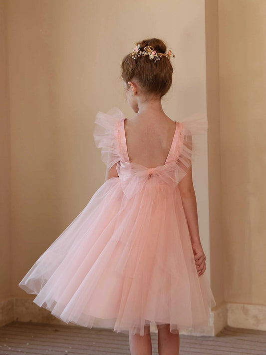 Dreamy A-Line Square Neck Ruffle Sleeve Bow Back Knee-Length Flower Girl Dress