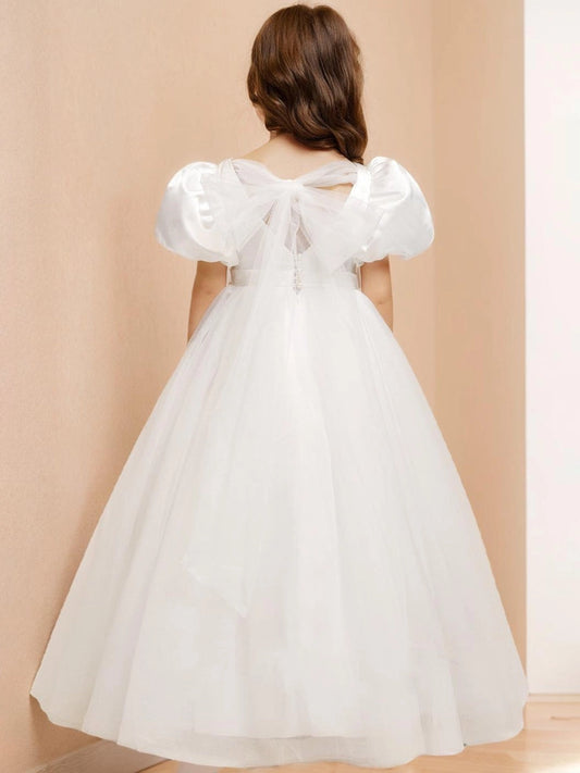 White Elegant Ball Gown V Neck Puff Sleeve Bow Back Flower Girl Dress